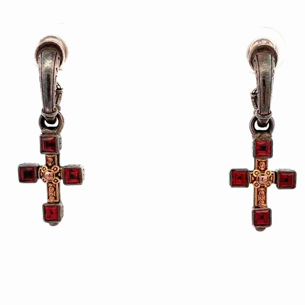 Retired Konstantino 925 Sterling Silver Two Tone Garnet Cross Dangle Earrings